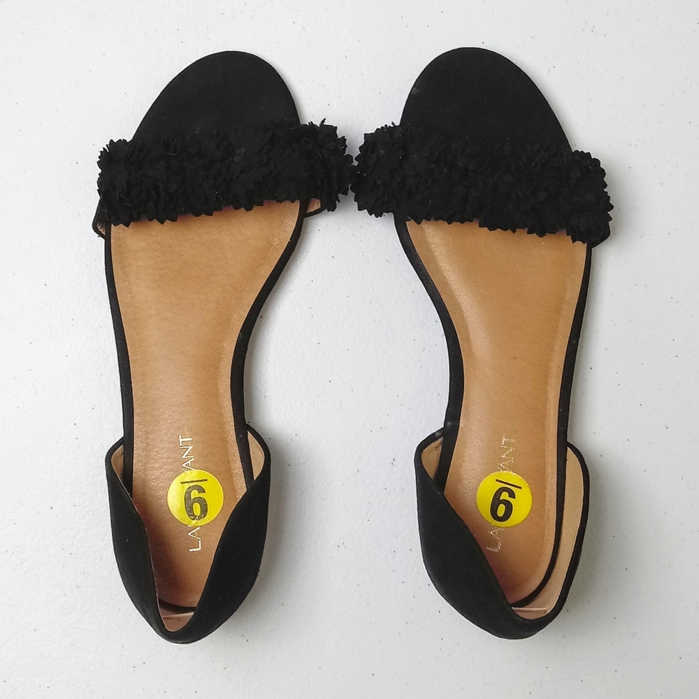 Lane Bryant Floral Open Toe Black Flats Sz 9